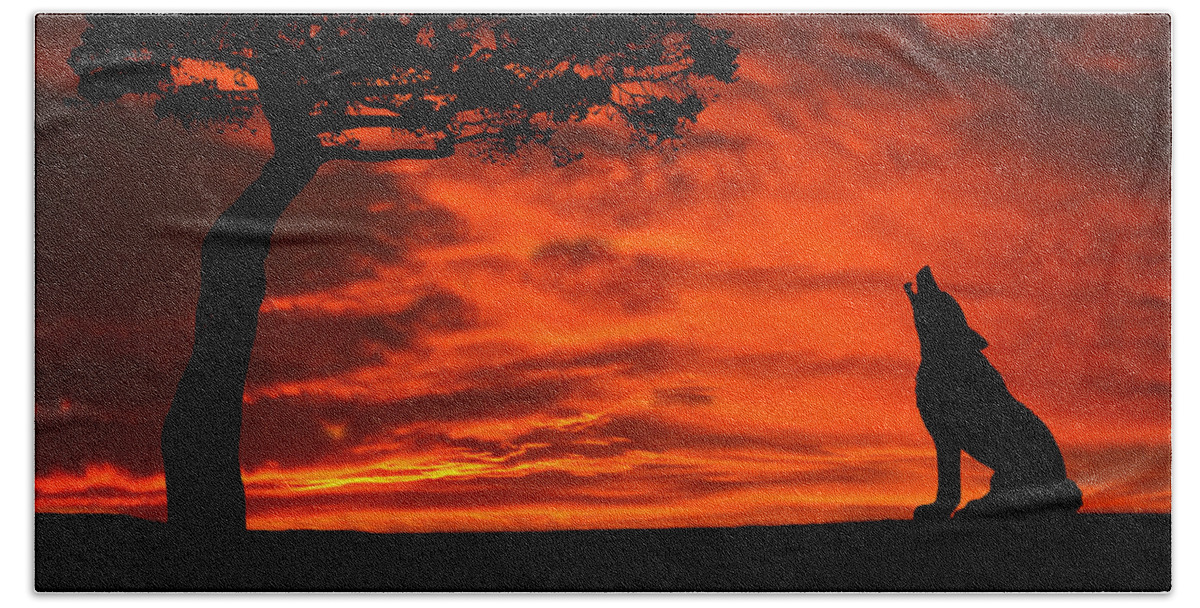 Wolf Bath Towel featuring the photograph Wolf Calling For Mate Sunset Silhouette Series by David Dehner