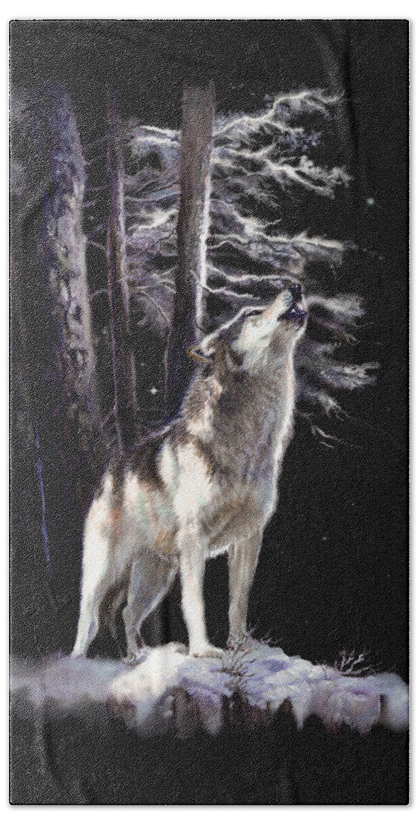 Original Wildlife Acrylic Painting By Gina Femrite Bath Towel featuring the painting Wolf howling memory by Regina Femrite