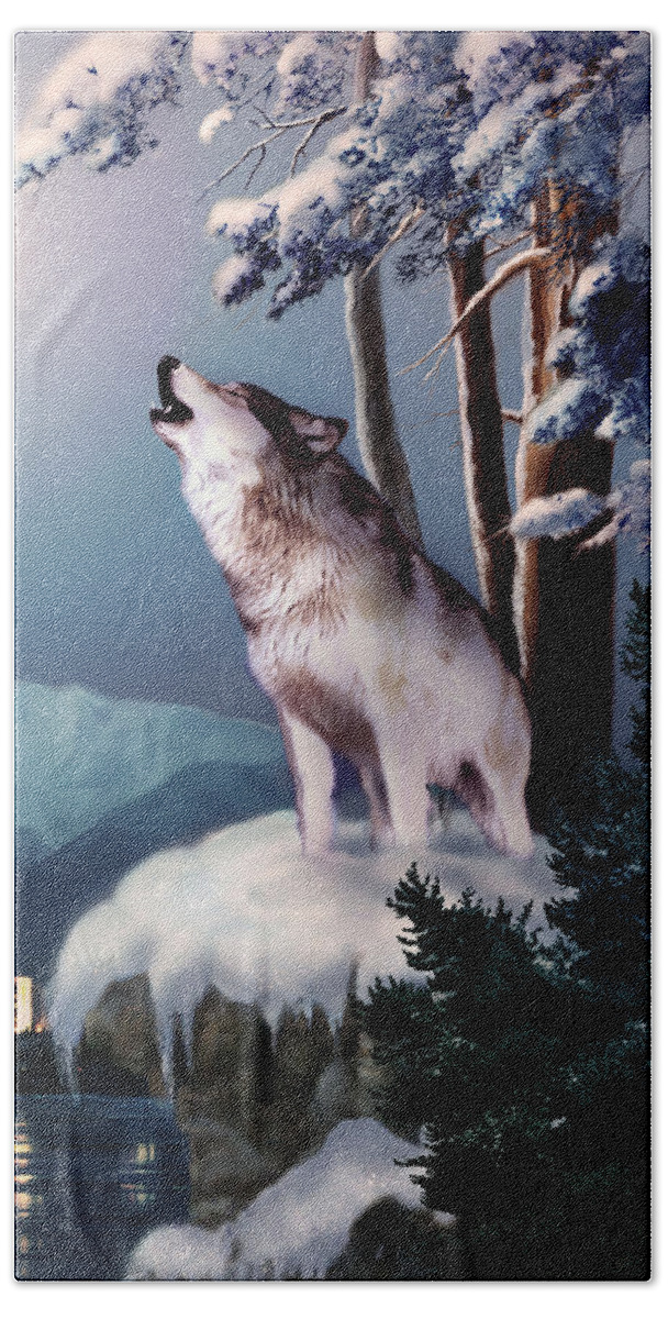 Wildlife Howling Wolf And Skyline Anchorage Print Bath Towel featuring the painting Wolf on the Doorstep of Civilization by Regina Femrite