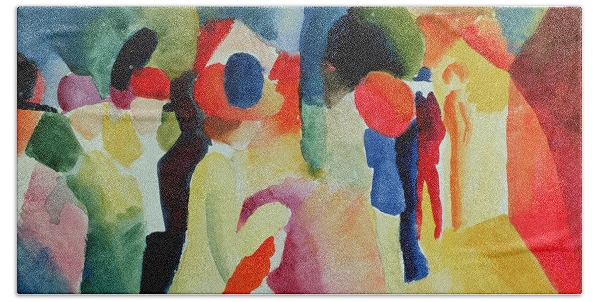 Macke Bath Towel featuring the painting Woman With A Yellow Jacket by August Macke