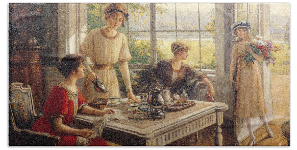 Victorian Hand Towel featuring the painting Women Taking Tea by Albert Lynch