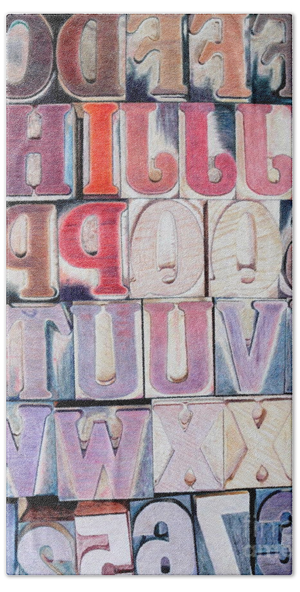 Wood Bath Towel featuring the drawing Wood Block Letters by Glenda Zuckerman