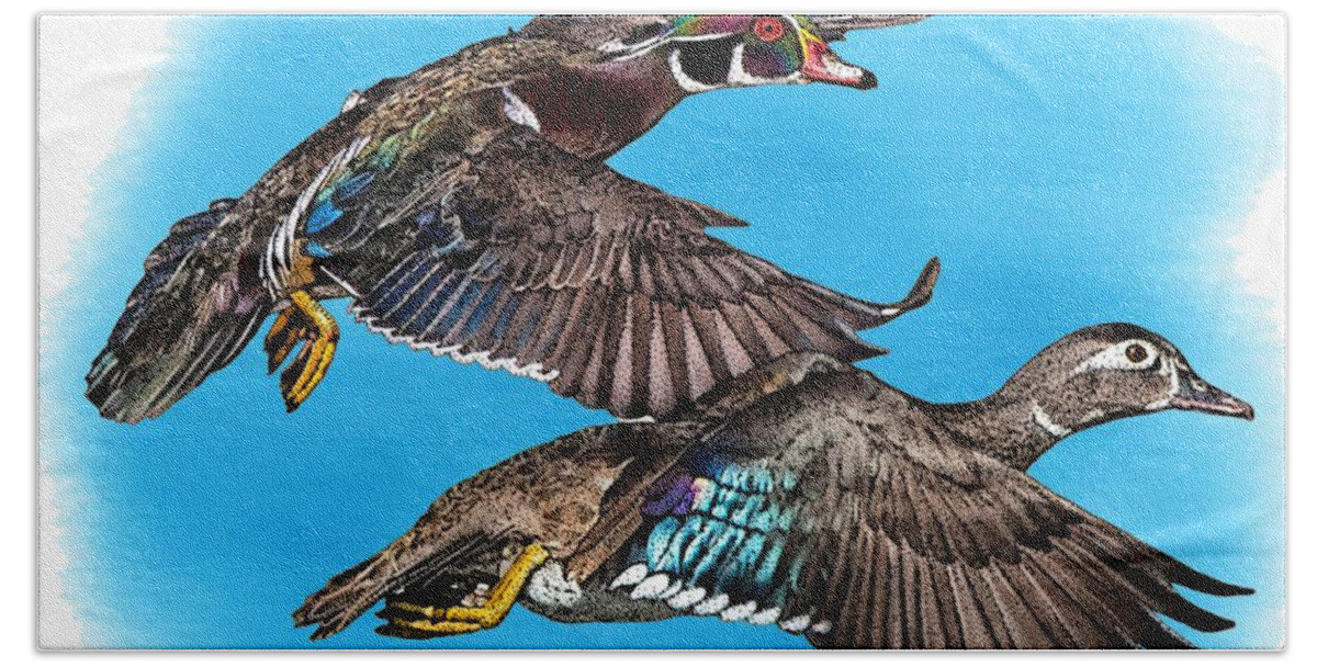 Wood Ducks Hand Towel featuring the photograph Wood Ducks by Roger Hall