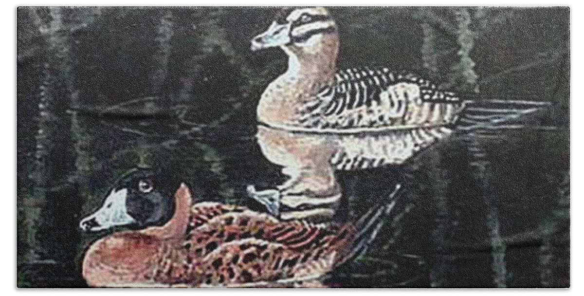 Nature Bath Towel featuring the painting Wood Ducks Study by Donna Tucker