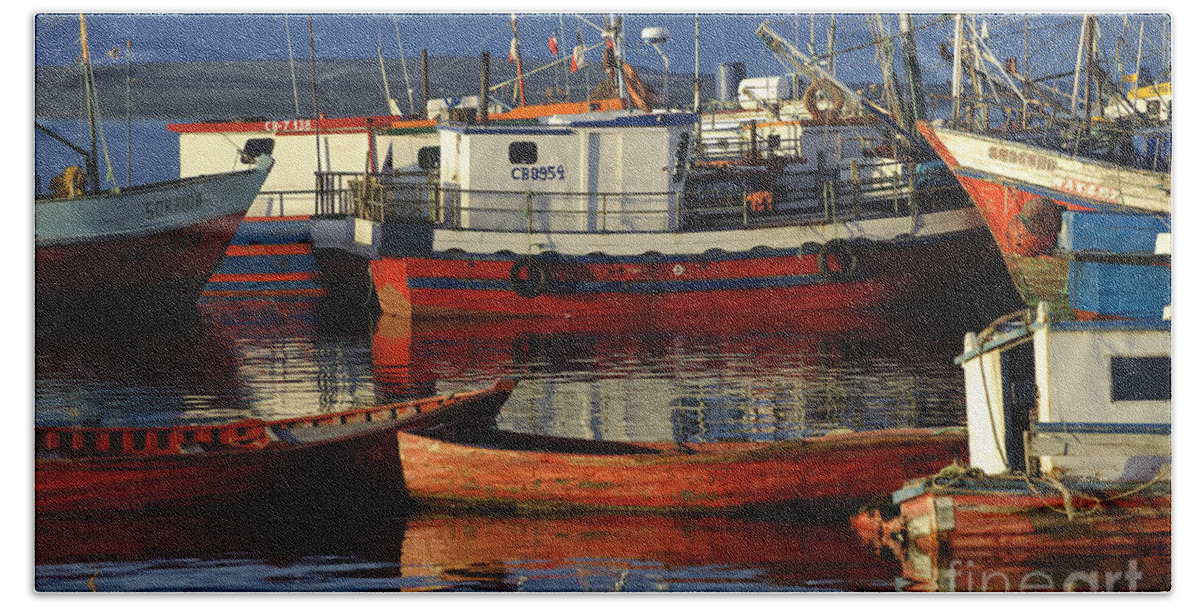Chile Bath Towel featuring the photograph Wooden Fishing Boats Docked In Chile by John Shaw