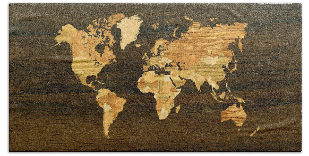 World Bath Towel featuring the digital art Wooden World Map by Hakon Soreide