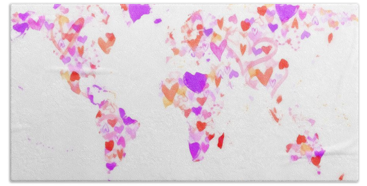  Spot Hand Towel featuring the painting World map love hearts by Eti Reid
