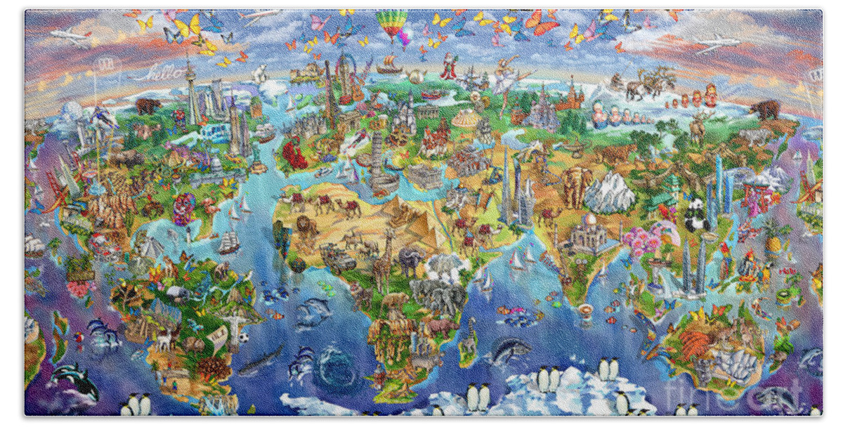 World Map Hand Towel featuring the painting World Map of world wonders by Maria Rabinky