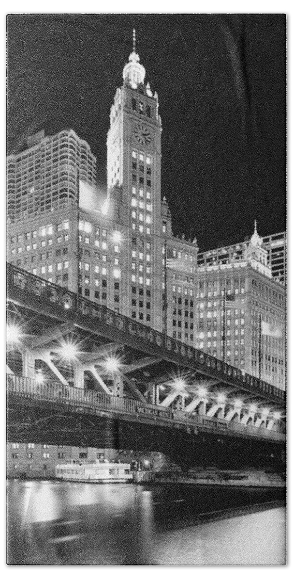 Dusk Hand Towel featuring the photograph Wrigley Building at Night in Black and White by Sebastian Musial