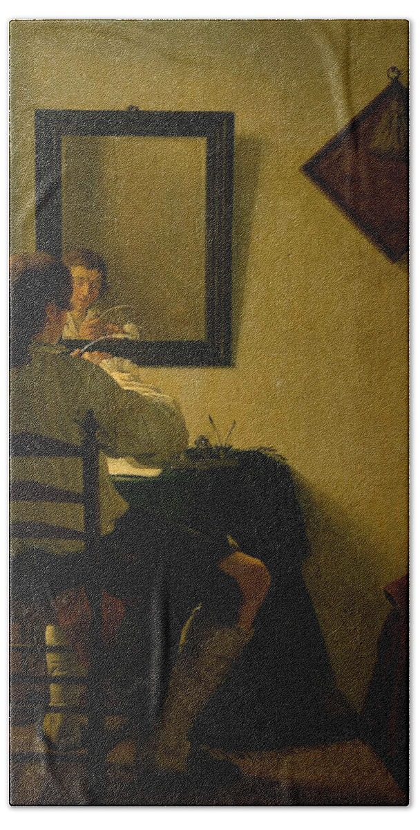 Jan Ekels Bath Towel featuring the painting Writer Trimming his Pen by Jan Ekels