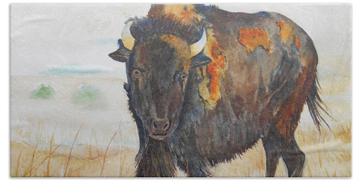 Bison Hand Towel featuring the painting Wyoming - King of the Prairie by Christine Lathrop