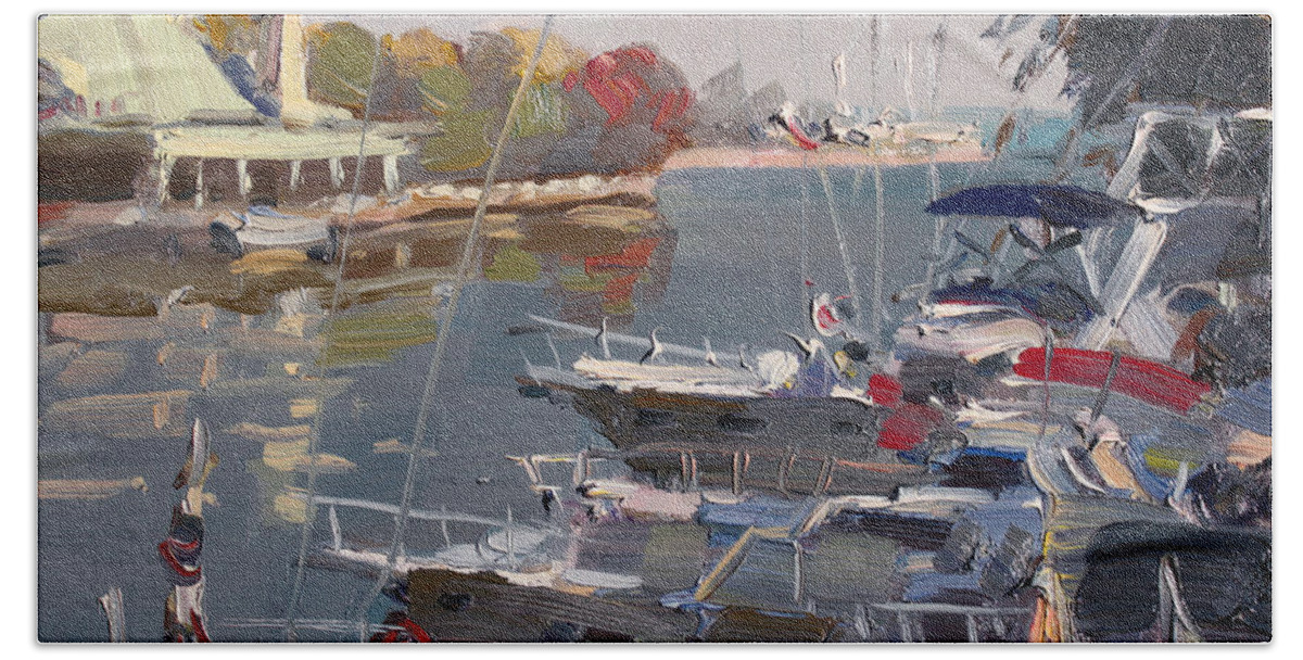 Yachts Hand Towel featuring the painting Yachts in Port Credit by Ylli Haruni