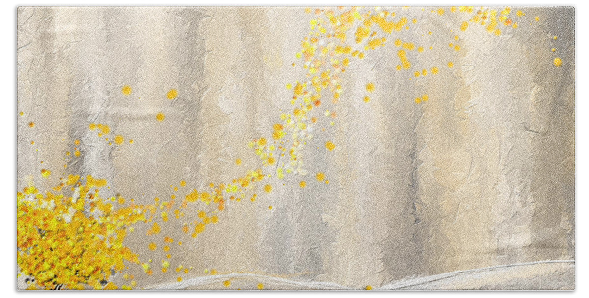 Yellow Bath Towel featuring the painting Yellow And Gray Landscape by Lourry Legarde