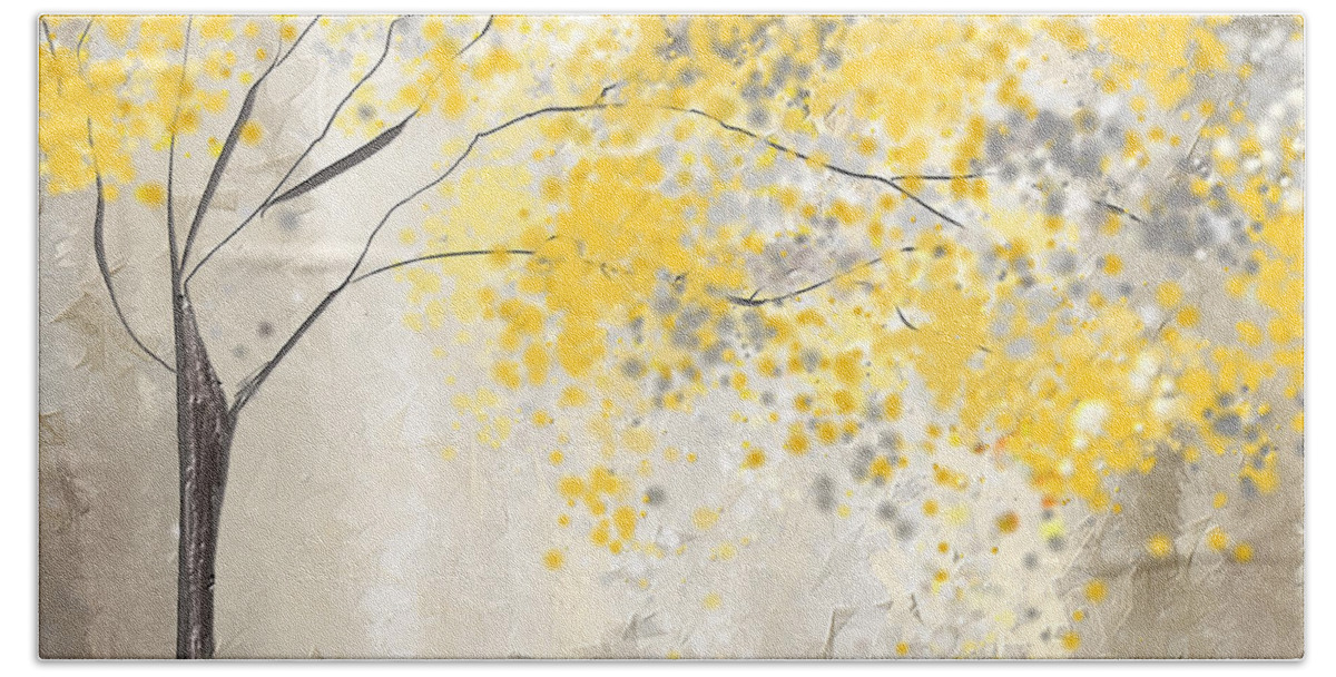 Yellow Hand Towel featuring the painting Yellow And Gray Tree by Lourry Legarde