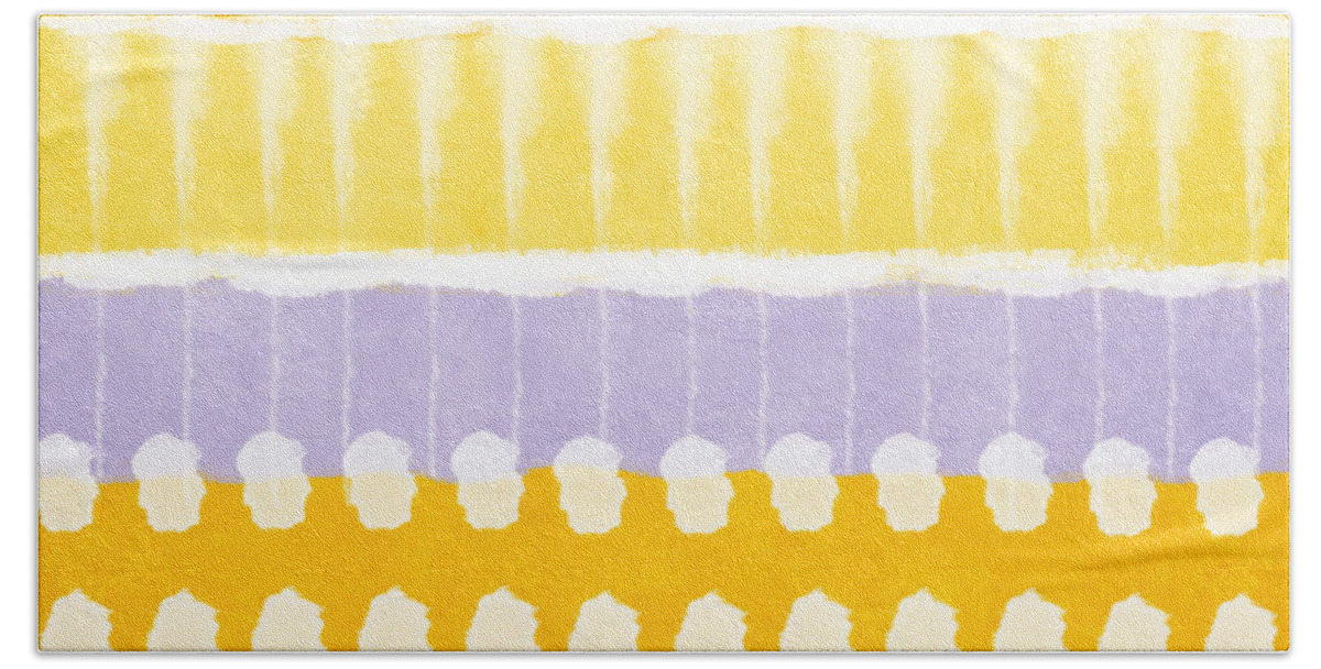Abstract Bath Sheet featuring the painting Yellow and Grey Tie Dye by Linda Woods