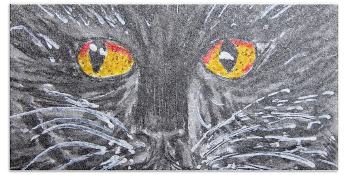 Yellow Eyes Bath Towel featuring the painting Yellow Eyed Black Cat by Kathy Marrs Chandler