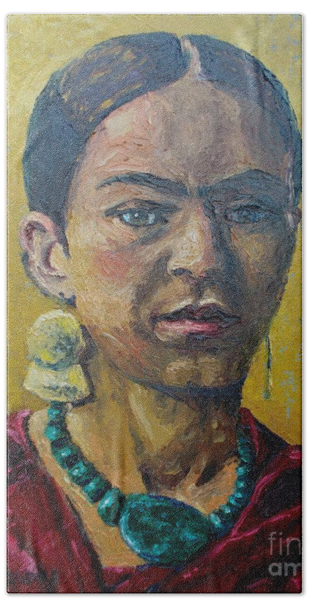 Woman Hand Towel featuring the painting Yellow Frida by Lilibeth Andre