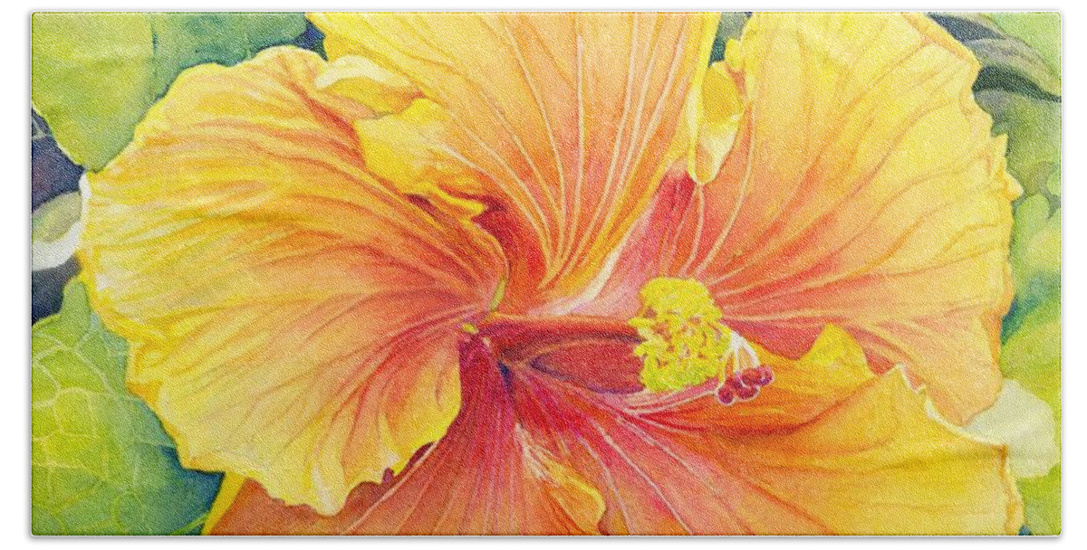 Yellow Flower Hand Towel featuring the painting Yellow Hibiscus by Brenda Beck Fisher