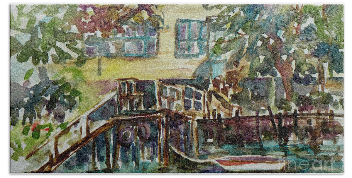 Idyllic Bath Towel featuring the painting Yellow House by the River by Xueling Zou