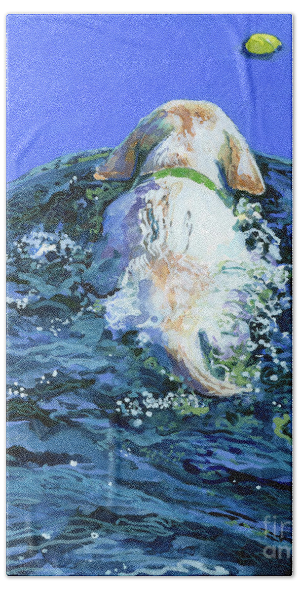 Yellow Labrador Retriever Hand Towel featuring the painting Yellow Lab Blue Wake by Molly Poole