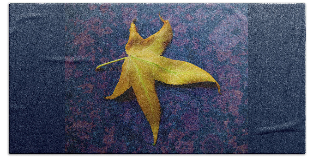 Leaf Image Posters Bath Towel featuring the photograph Yellow Leaf On Marble by David Davies