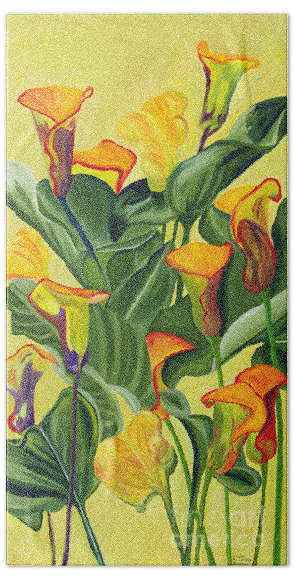Lilies Bath Towel featuring the painting Yellow Lilies by Annette M Stevenson