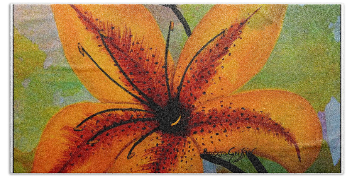 Yellow Lily On Watercolor Background Bath Towel featuring the photograph Yellow Lily on Watercolor Background by Barbara A Griffin