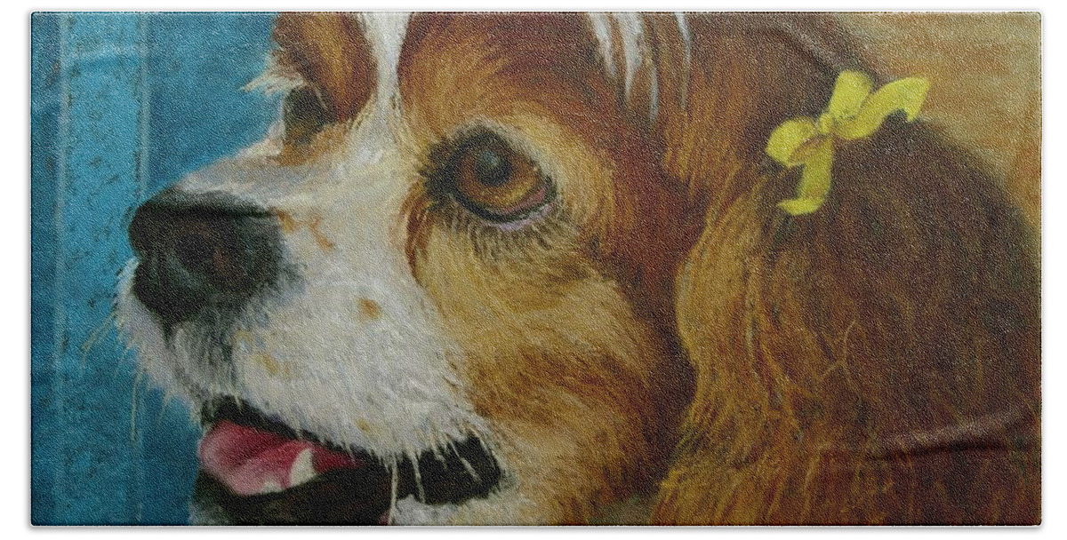 Dog Hand Towel featuring the painting Yellow Ribbons by Minaz Jantz
