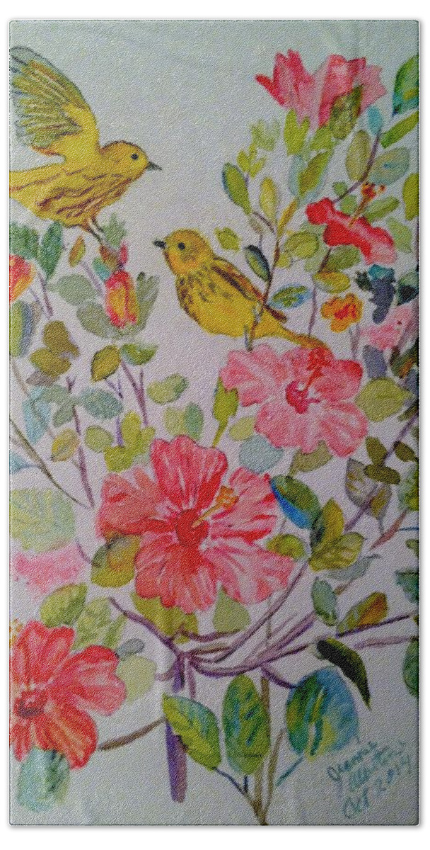 Watercolor Bath Towel featuring the painting Yellow Warblers in the Hibiscus by Jeannie Allerton