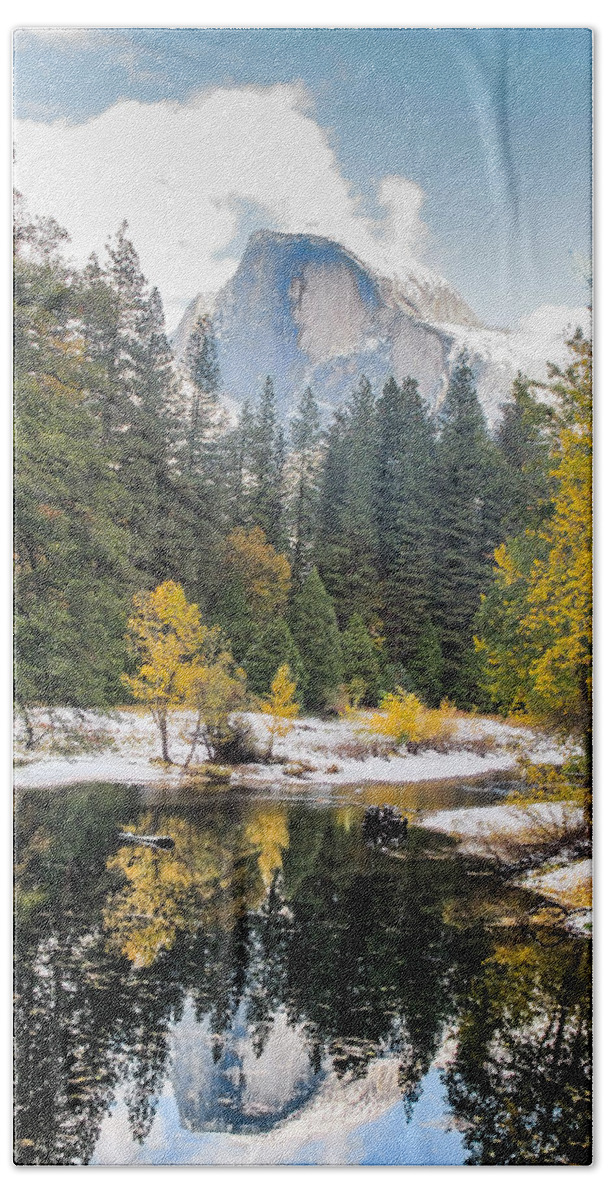 Landscape Bath Towel featuring the photograph Reflections of Half Dome by Susan Eileen Evans