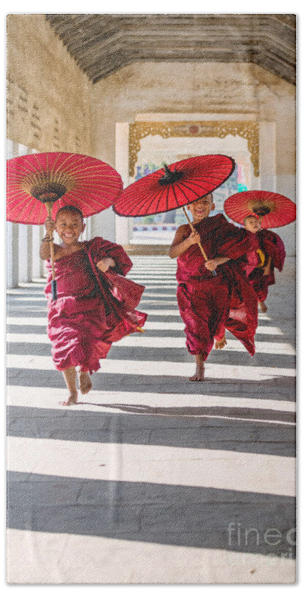 Children Bath Towel featuring the photograph Young buddhist monks on the run - Myanmar by Matteo Colombo