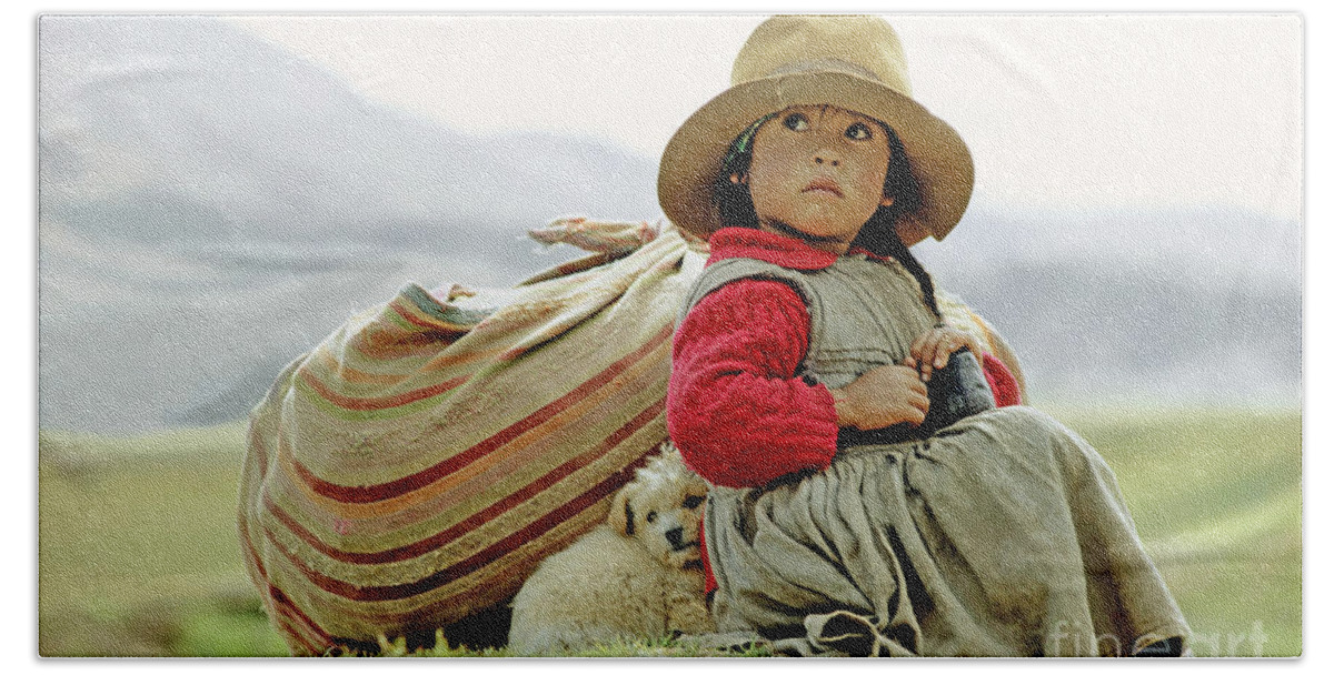 Girl Hand Towel featuring the photograph Young Girl in Peru by Victor Englebert