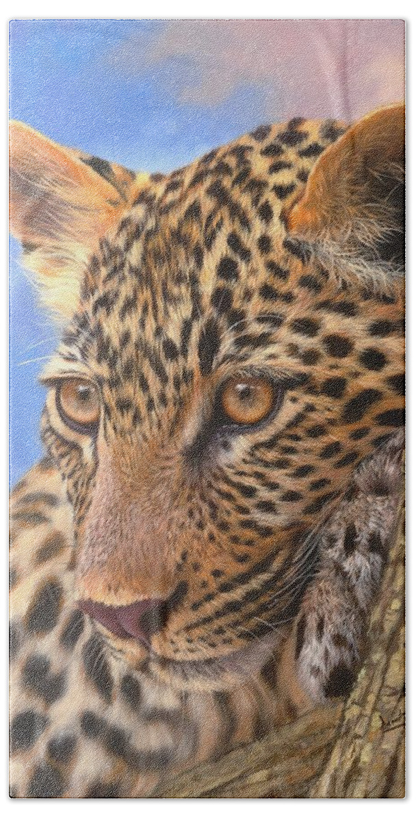 Leopard Bath Towel featuring the painting Young Leopard by David Stribbling