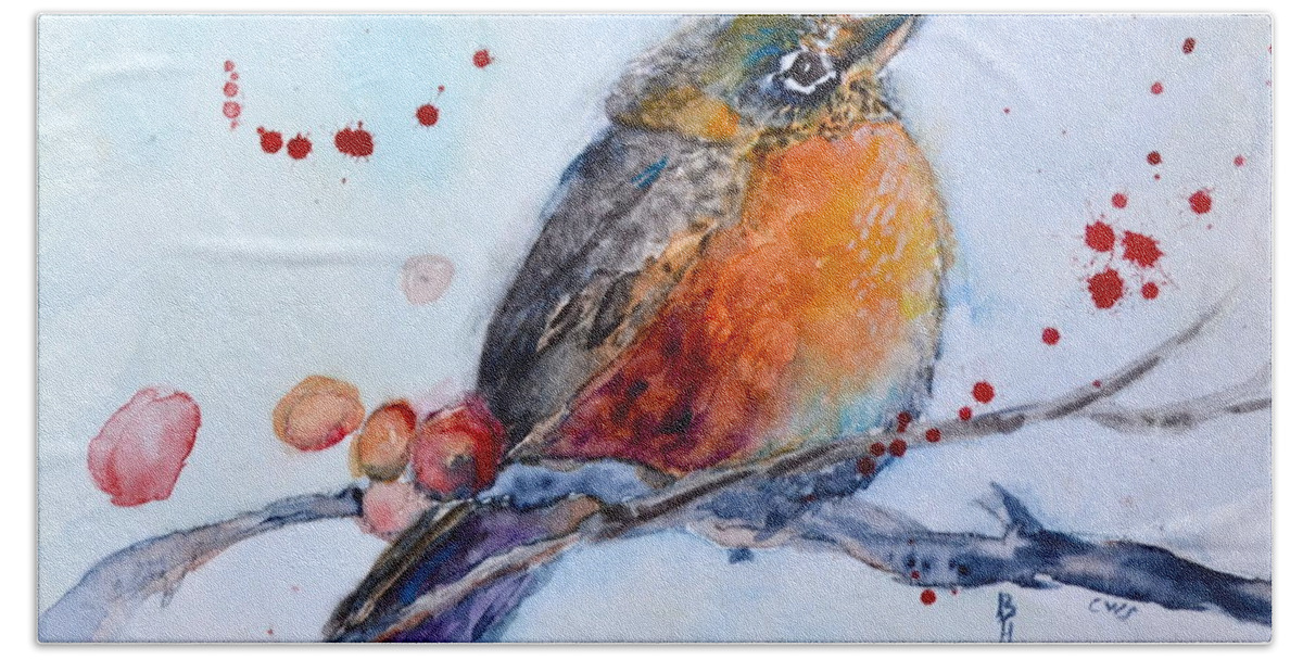 Young Robin Bath Towel featuring the painting Young Robin by Beverley Harper Tinsley