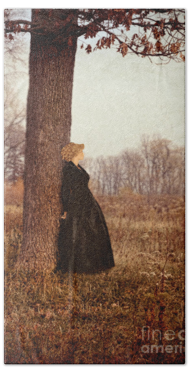 Beautiful Hand Towel featuring the photograph Young Woman in Vintage Clothing Leaning on Tree by Jill Battaglia