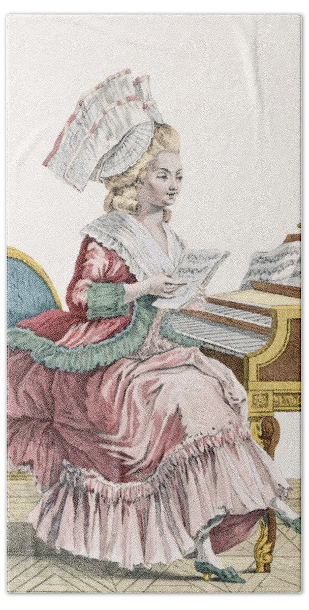 Fashion Bath Towel featuring the drawing Young Woman Studying Music by Pierre Thomas Le Clerc