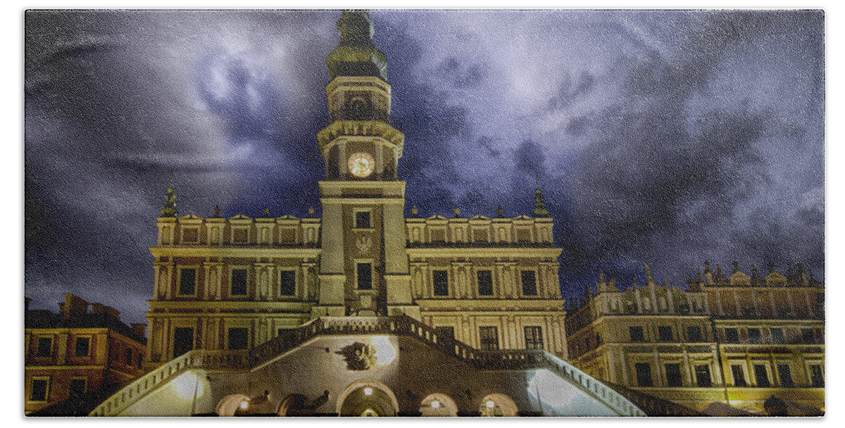Zamosc Bath Sheet featuring the photograph Zamosc City Hall At Night by Robert Woodward