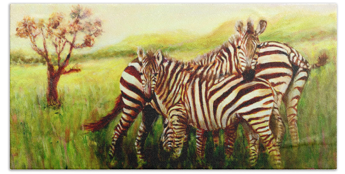 Zebra Hand Towel featuring the painting Zebras at Ngorongoro Crater by Sher Nasser