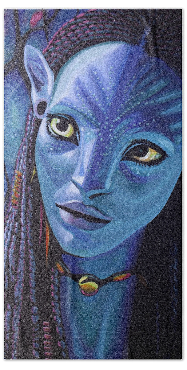 Avatar Bath Towel featuring the painting Zoe Saldana as Neytiri in Avatar by Paul Meijering