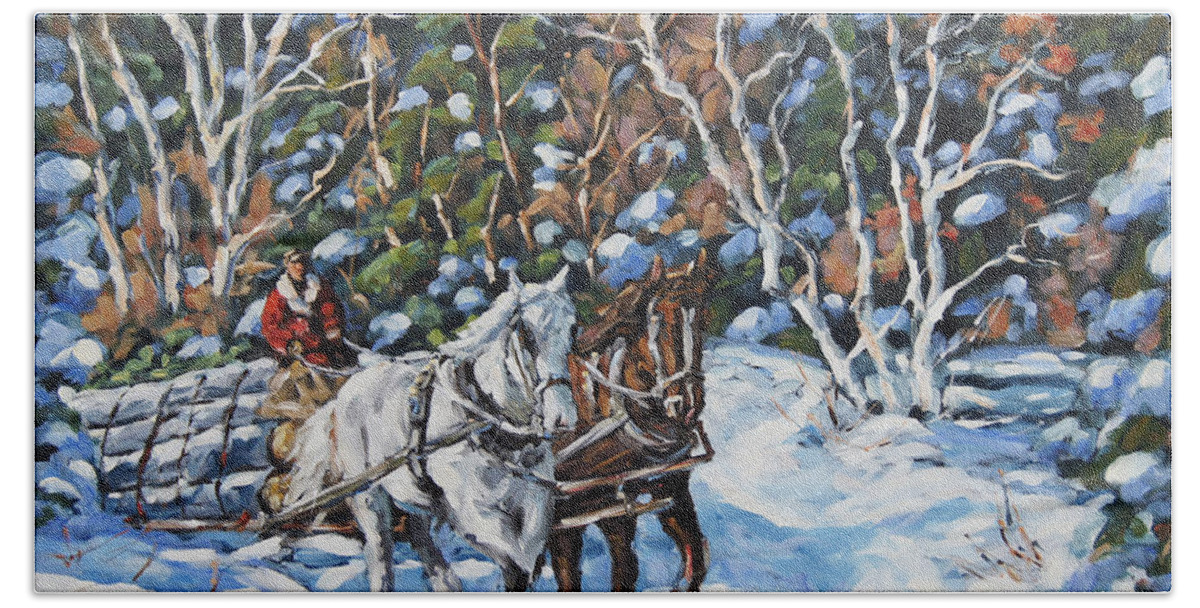Art Bath Towel featuring the painting Horses Hauling wood in winter by Prankearts by Richard T Pranke