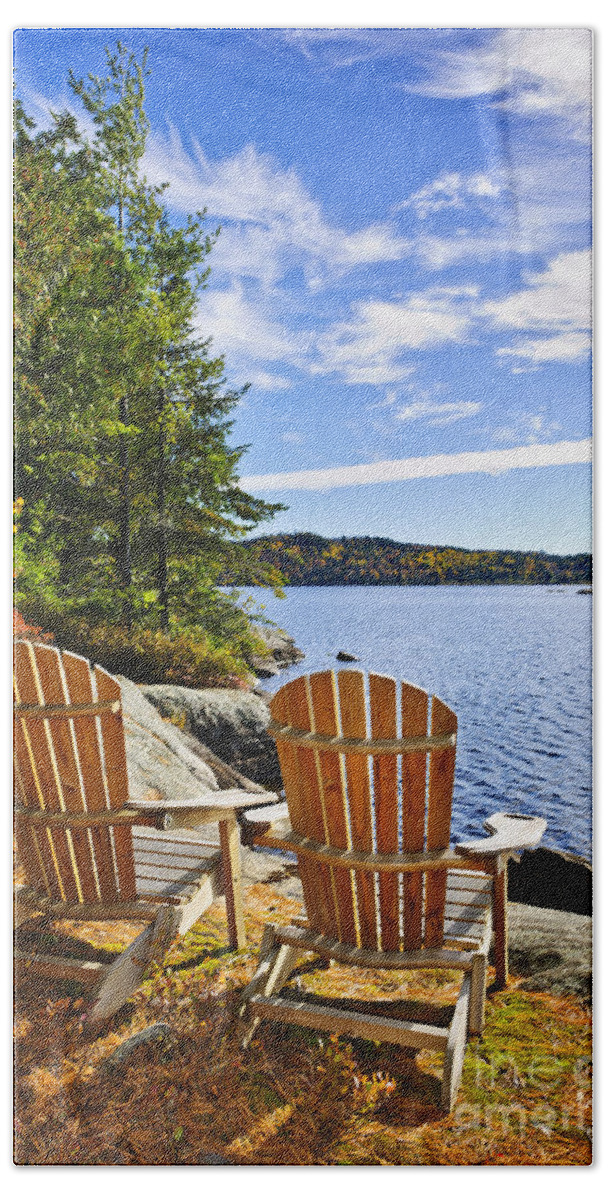 Chairs Bath Towel featuring the photograph Adirondack chairs at lake shore 3 by Elena Elisseeva