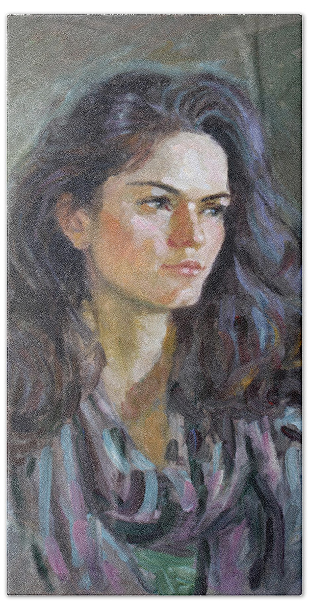 Portrait Hand Towel featuring the painting Ana by Ylli Haruni