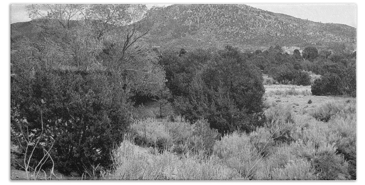 Nature Bath Towel featuring the photograph April New Mexico Desert - black and white #1 by Kathleen Grace
