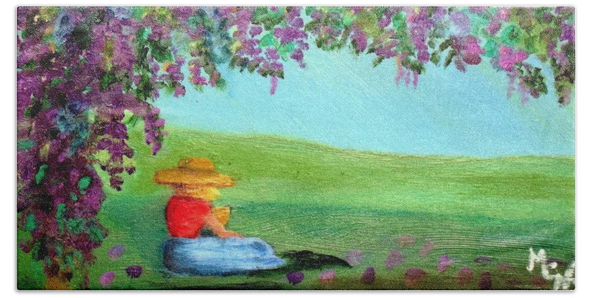 Wisteria Original Oil Painting Bath Towel featuring the painting Beyond the Arbor by Margaret Harmon