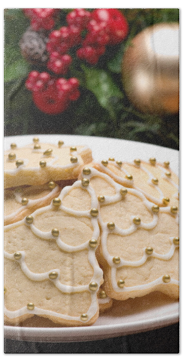 Glazed Bath Towel featuring the photograph Decorated cookies in festive setting #1 by U Schade