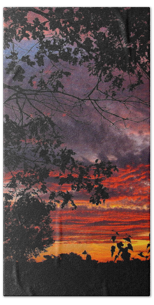 Sunset Hand Towel featuring the photograph Fire in the Sky by Jeff Heimlich
