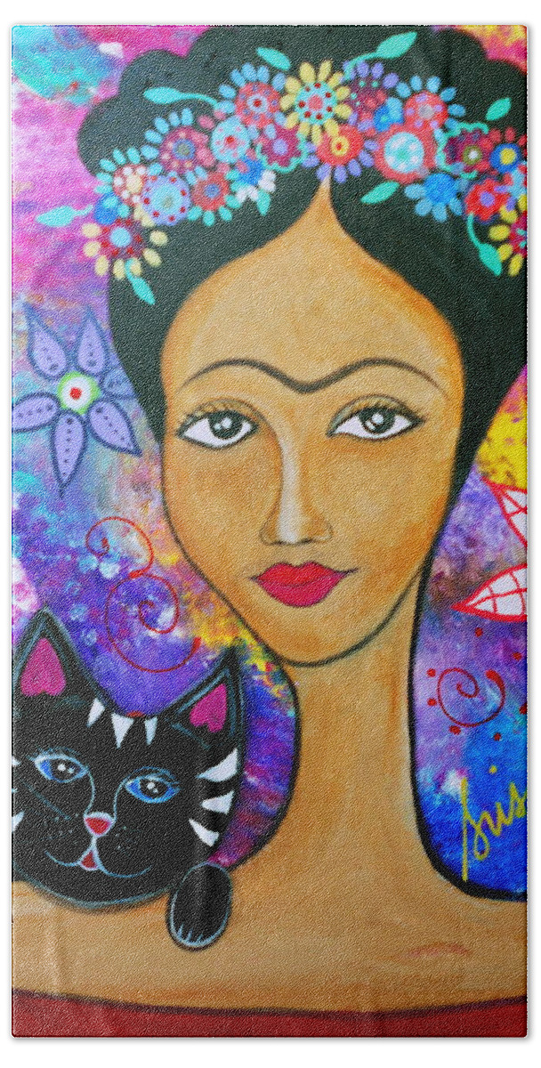 Frida Bath Towel featuring the painting Frida And Her Cat #4 by Pristine Cartera Turkus