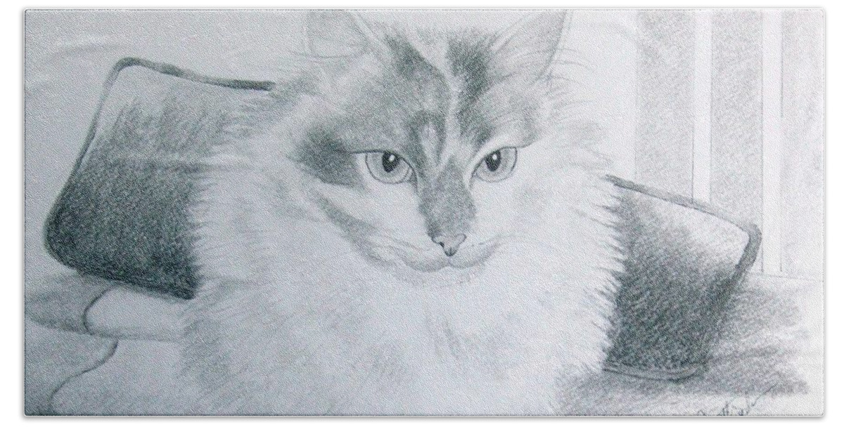 Pet Portrait Art Bath Towel featuring the drawing Idget #2 by Joette Snyder