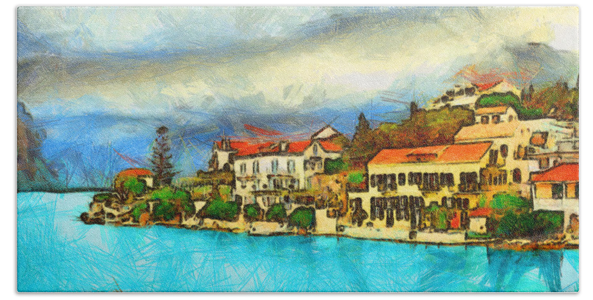 Rossidis Hand Towel featuring the painting Kefalonia Fiscardo #2 by George Rossidis