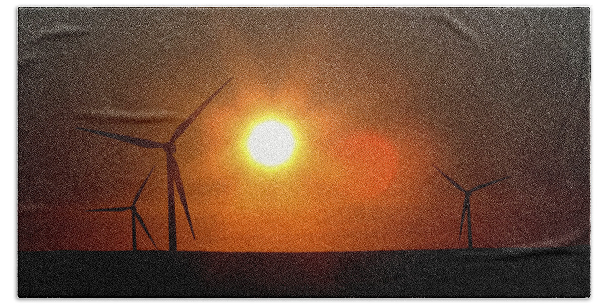 Sun Bath Towel featuring the photograph Sun glare upon Alberta windfarm #1 by Mark Duffy